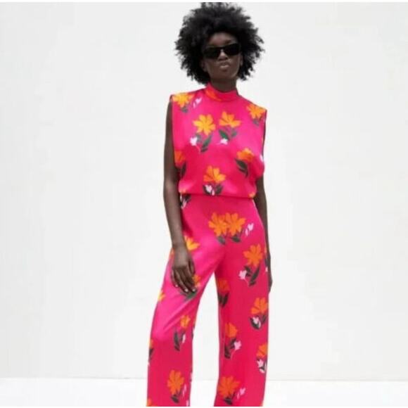Zara Hot Pink Satin Floral Sleeveless Jumpsuit New Medium Open Back High Neck - Picture 1 of 13